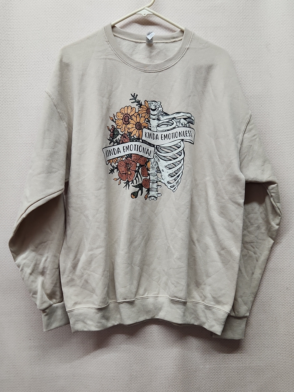 Jerzees Cream Graphic Crewneck Sweater with Floral Ribcage Art